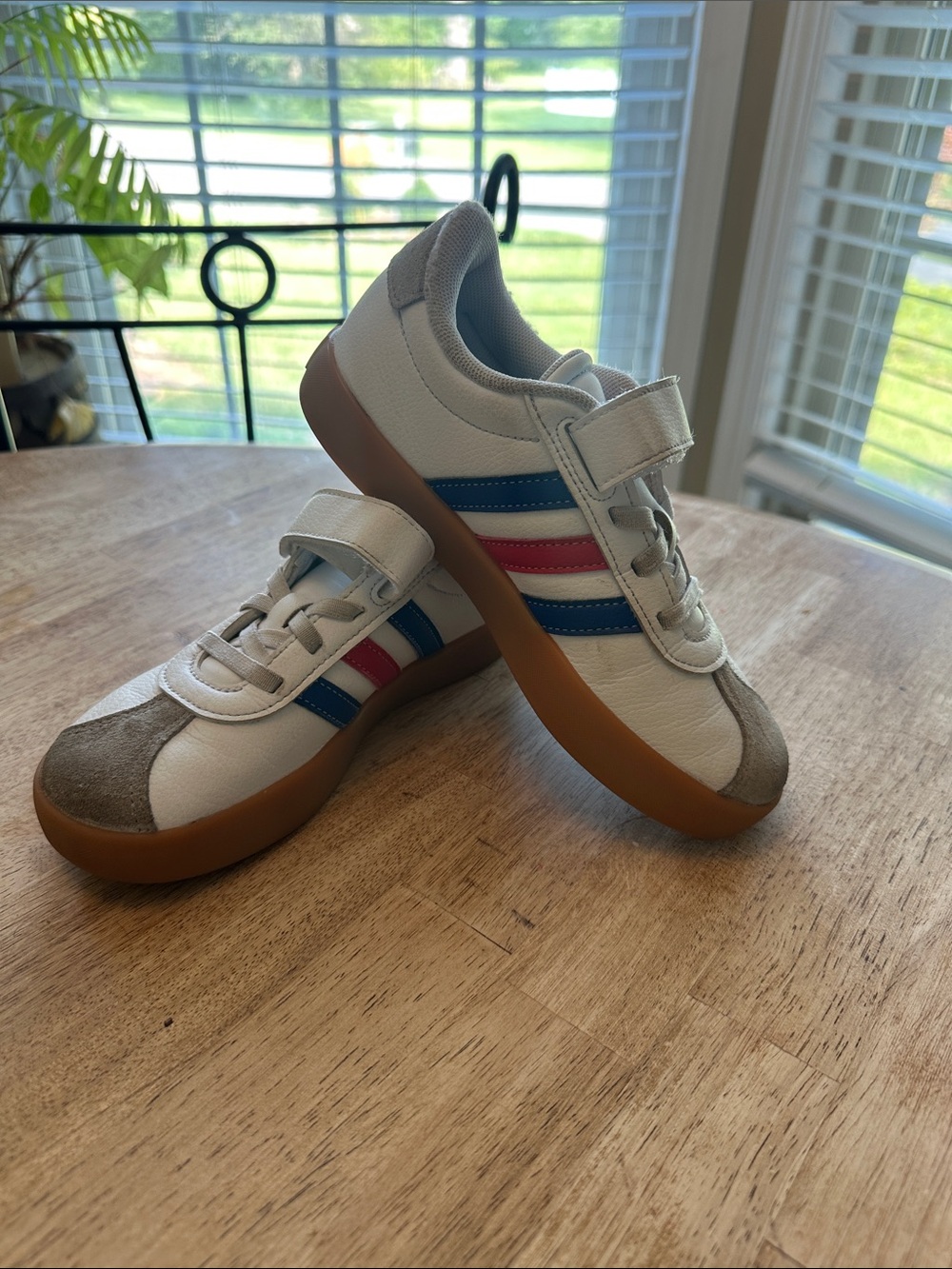 adidas White Kids Sneakers with Blue & Pink Stripes and Gum Sole